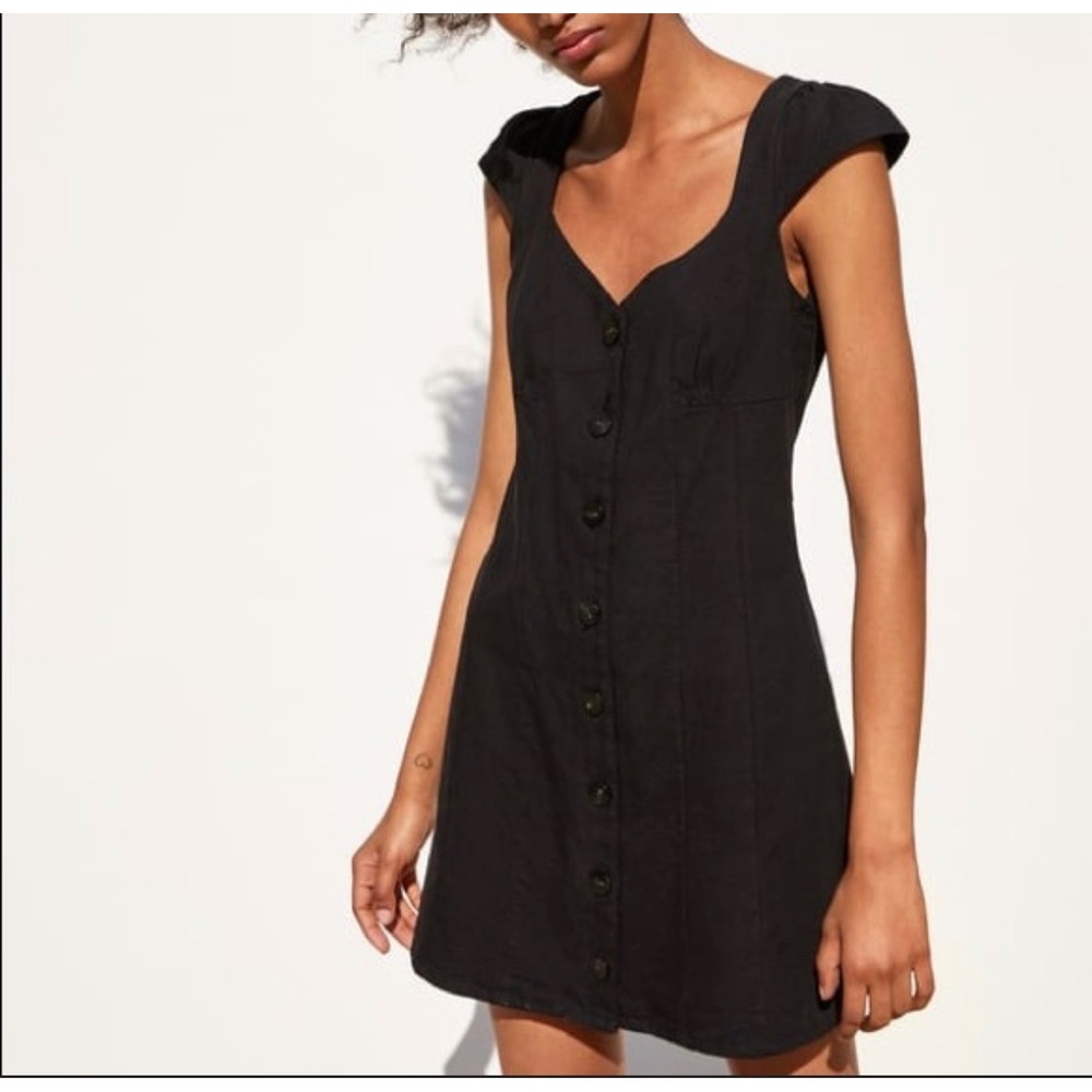 Zara Womens Black Denim Button Front Cap Sleeve Mini Dress Sweetheart Neck